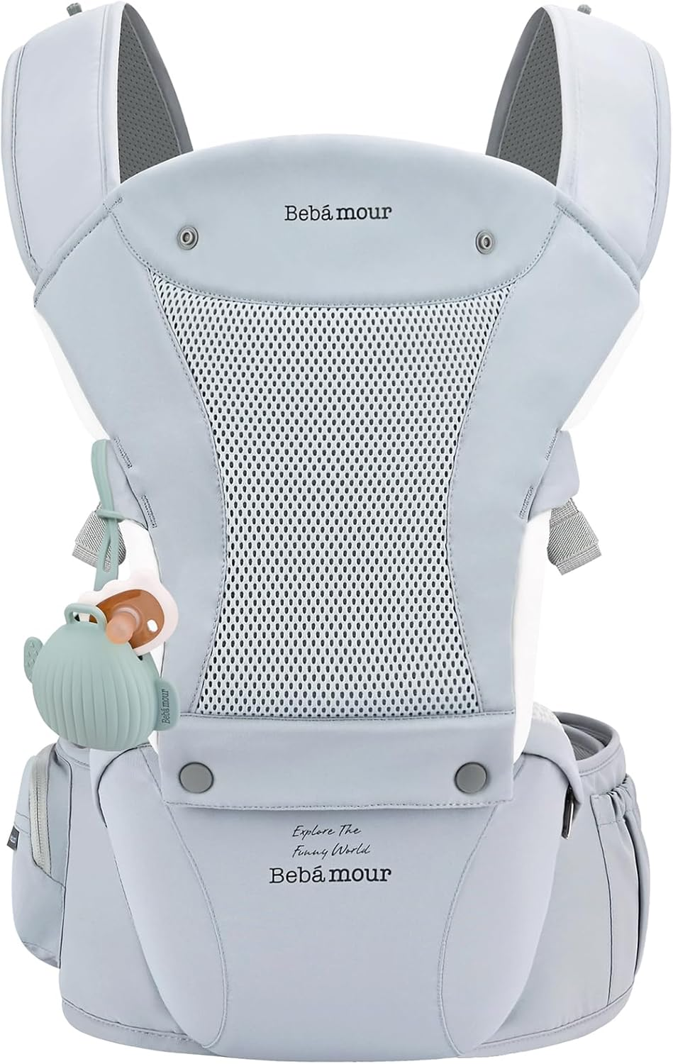 Bebamour Baby Carrier with Hip Seat,All-Position Breathable Mesh Hip Seat & Carrier 0-36Months with Head Hood, 3 PCS Teething Pads, Waist Extender,Storage Bag & Pacifier Case (Blue)