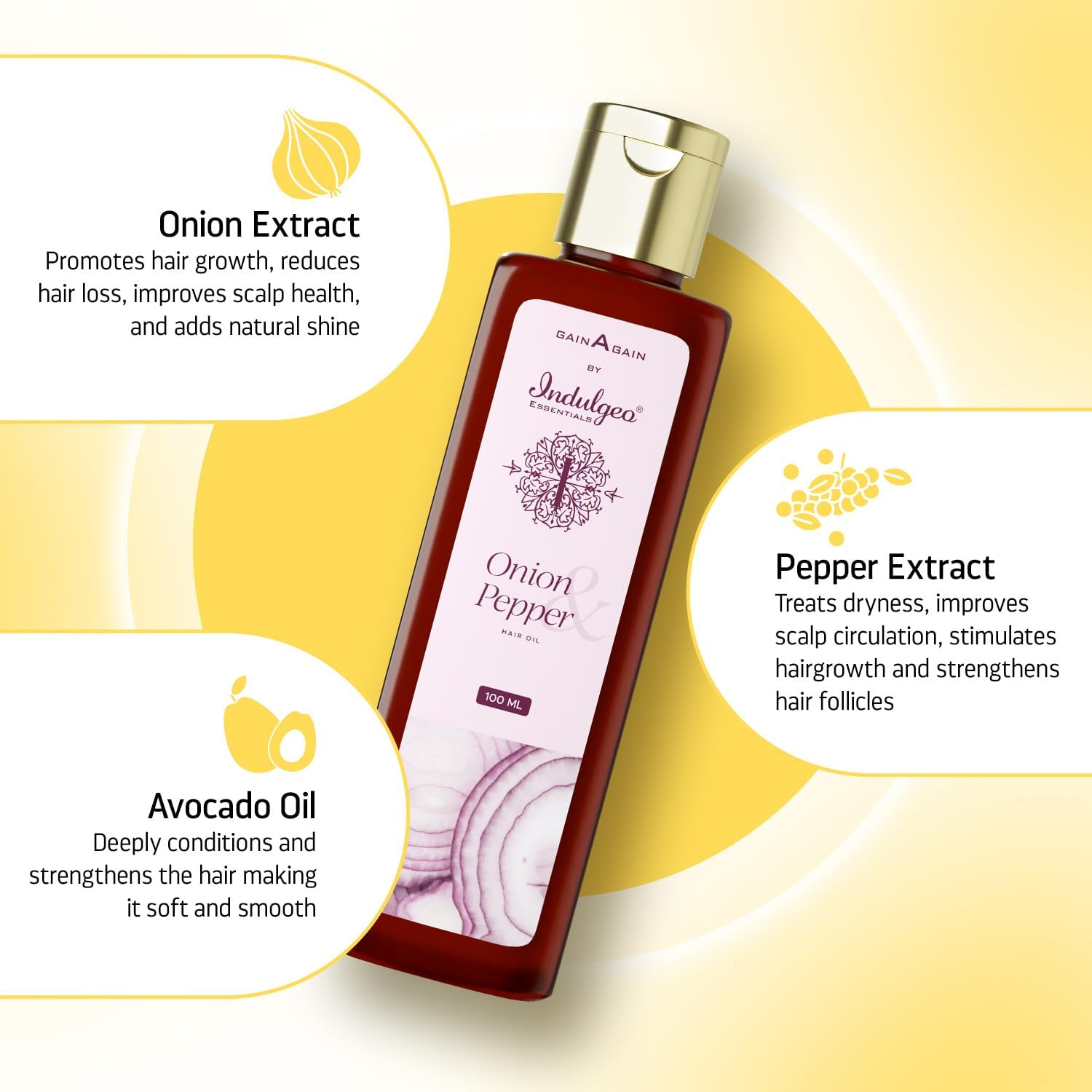 INDULGEO ESSENTIALS Onion and Pepper Oil, 100Ml for Hair Growth & Hair Fall Control, No Mineral Oil, Silicones & Synthetic Fragrance image number 3