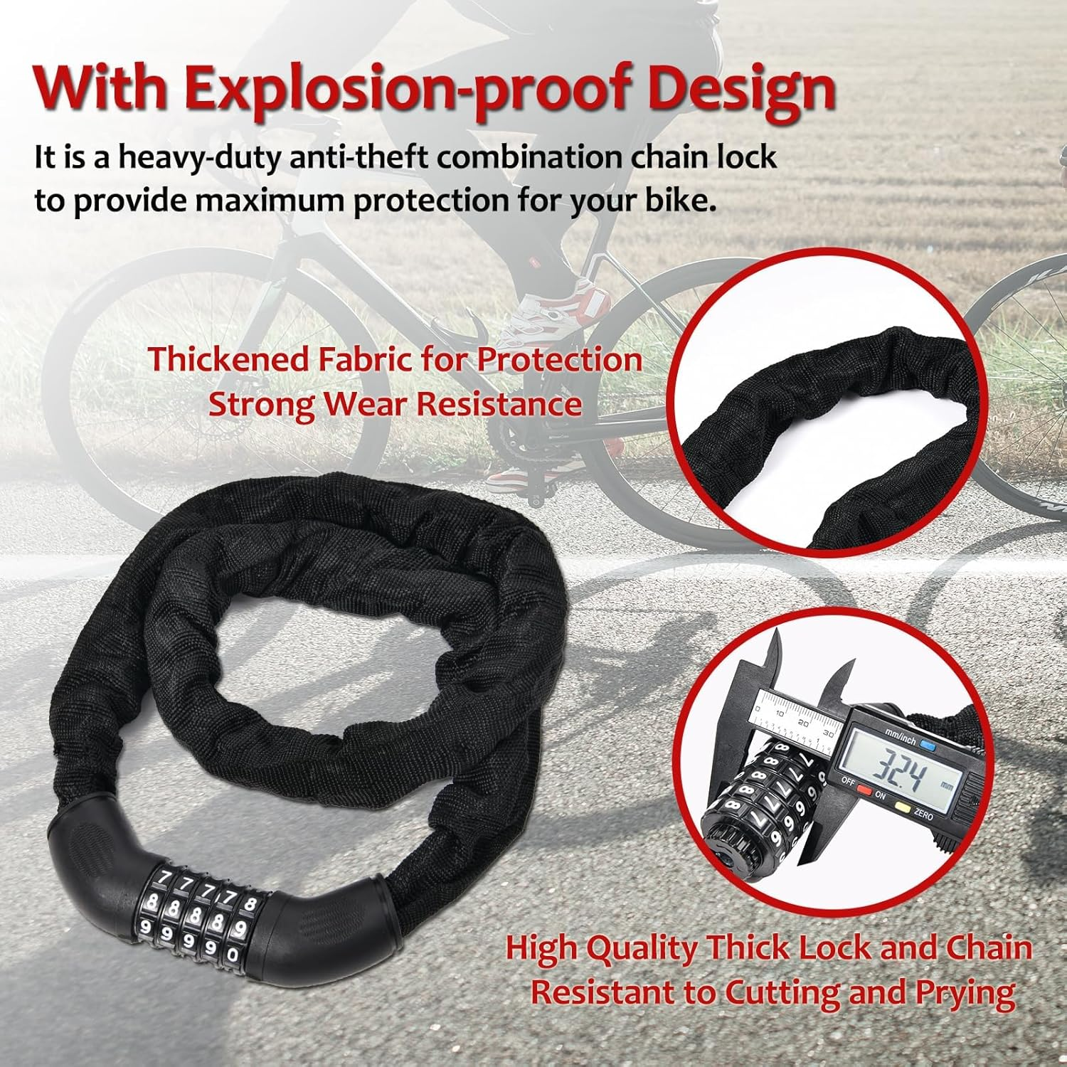 Bike Chain Lock, 5 Digit Combination Lock, Heavy Duty anti Theft Bicycle Lock, 1.2 Meter (3.9FT) Code Lock for Bike, E-Bike, Motorcycle, Door, Scooter, Fence, Gate image number 5