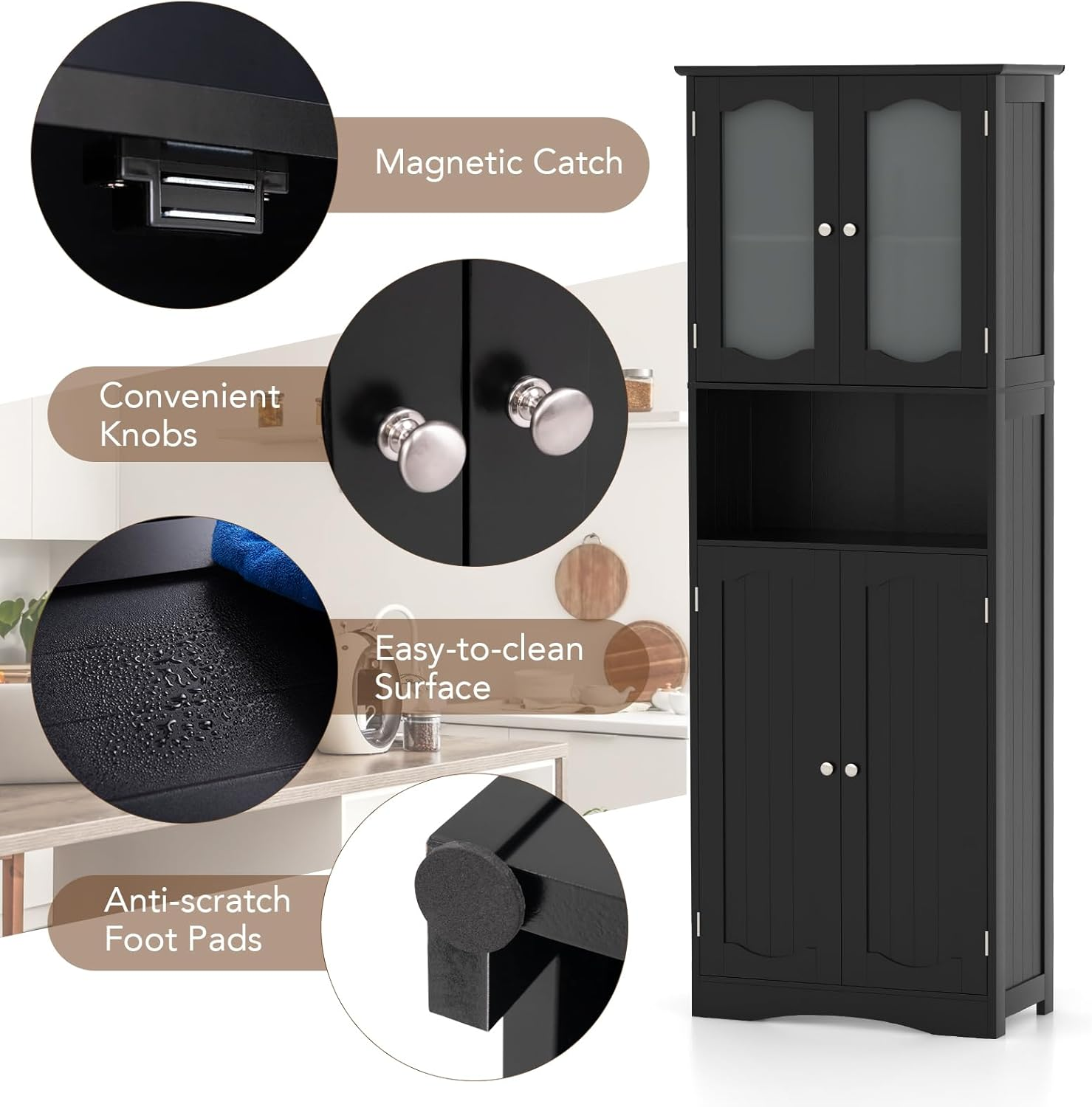 Giantex 164 Cm Tall Bathroom Storage Cabinet, Freestanding Linen Cabinet with Frost Glass Doors and Shelves, Kitchen Pantry Cabinet or Living Room Dining Room Office (Black) - Black image number 3