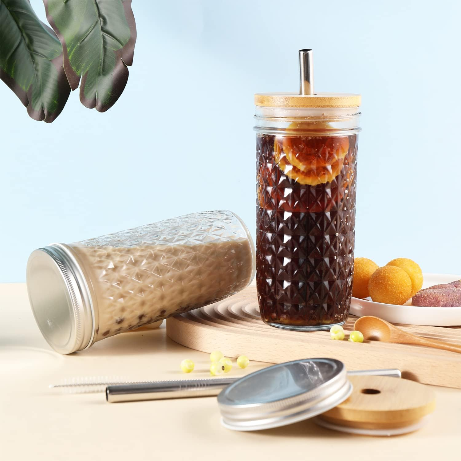 Boba Cup, Reusable Bubble Tea Cup, Glass Cups Set, 2 PCS Mason Jar Cups with Bamboo Lids and Straws & 2 Airtight Lids, 24 Oz Diamond Texture Wide Mouth Iced Coffee Glass Tumblers, Smoothie Cups image number 6