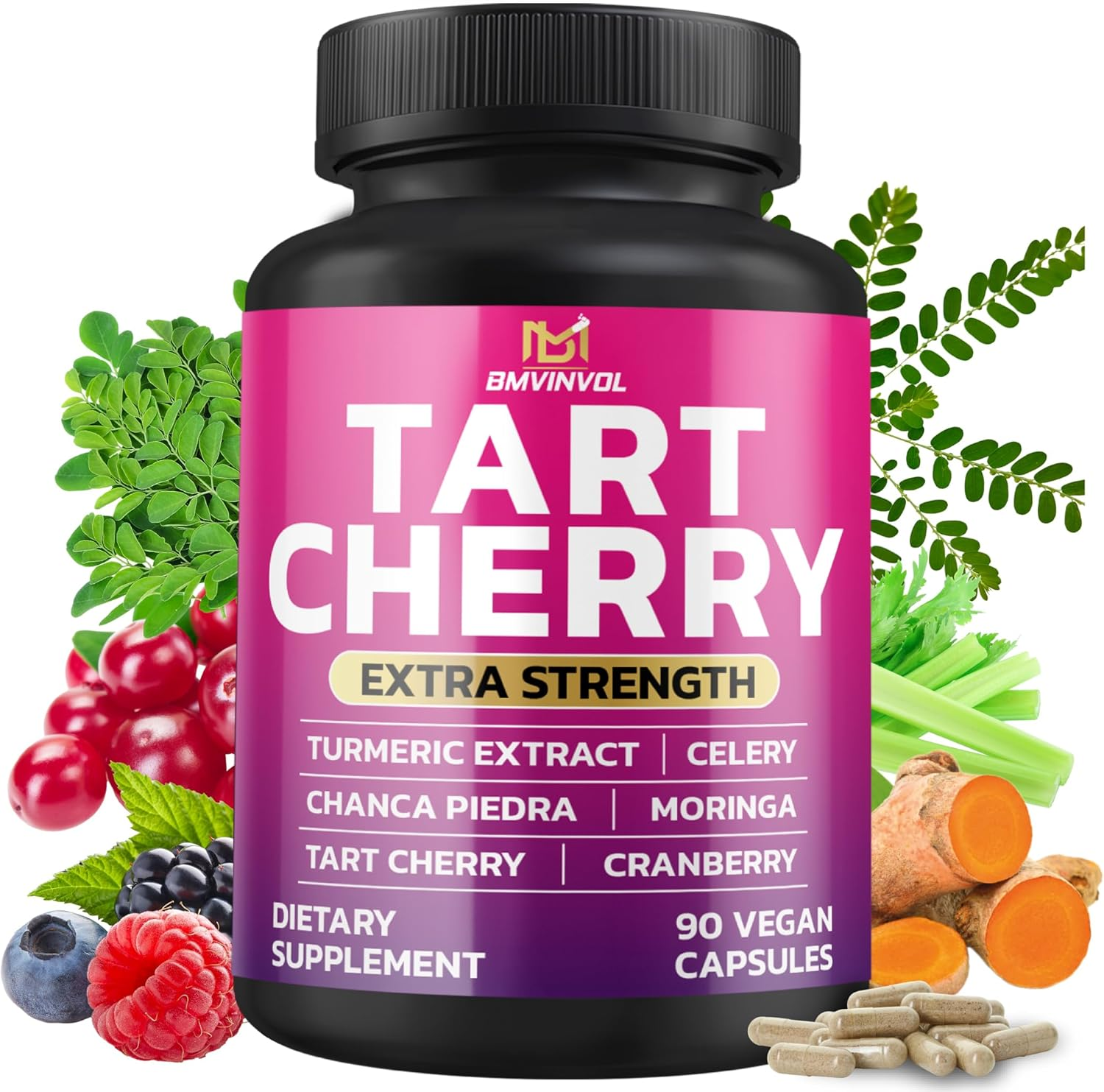 BMVINVOL Tart Cherry 20:1 Extract - plus Moringa, Chanca Piedra, Celery, Cranberry Extract and More - 90 Capsules - 3 Month Supply