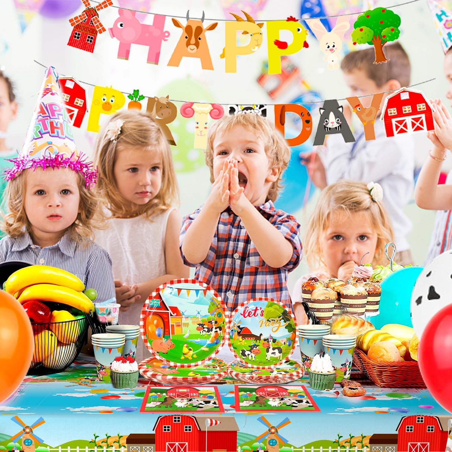 Farm House Fun Barnyard Animals Party Supplies,130Pcs Farm Theme Birthday Decorations Tableware Set-Farm Party Plates Cups Napkins Tablecloth Banner Etc Farm Birthday Party Supplies for Boys/Girls image number 3