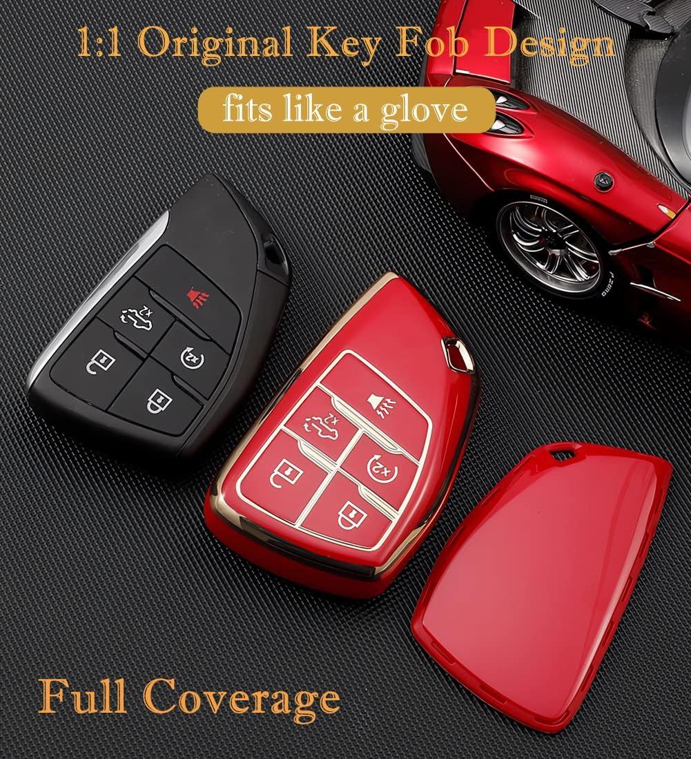 Key Fob Cover for Chevy GMC with Keychain, Silverado Sierra Tahoe Suburban Equinox Traverse Yukon Denali Terrain Buick Envision Premium Soft TPU Case (5 Buttons Purple)