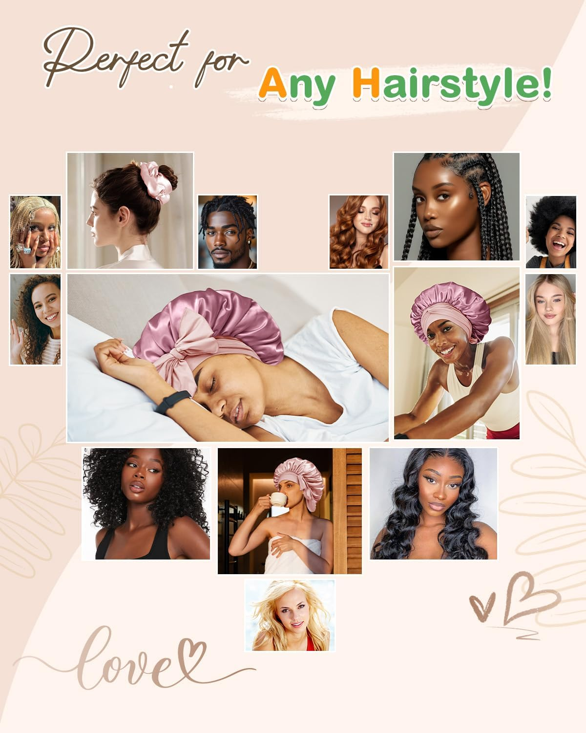 BONNET QUEEN Silk Bonnet for Sleeping Women HYALURONIC Acid Double Layer Satin Bonnet for Curly Hair with Tie Band & Scrunchie