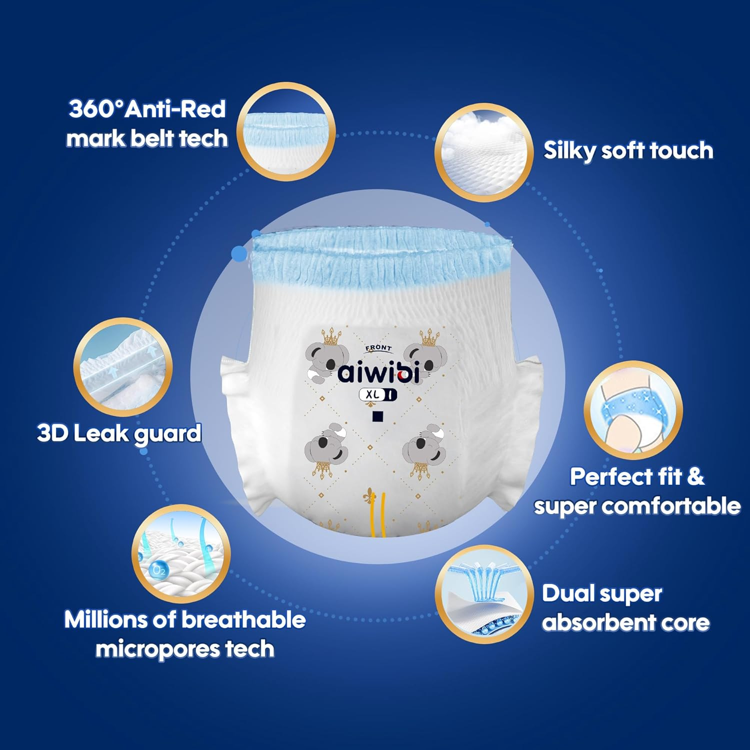 AIWIBI Ultimate Comfort Overnight Nappy Pants, Size 4, 360 Pull-On Disposable Baby Nappy Pants,Super Absorbent 44 Count (9-14 Kg), Nighttime Underwear image number 3