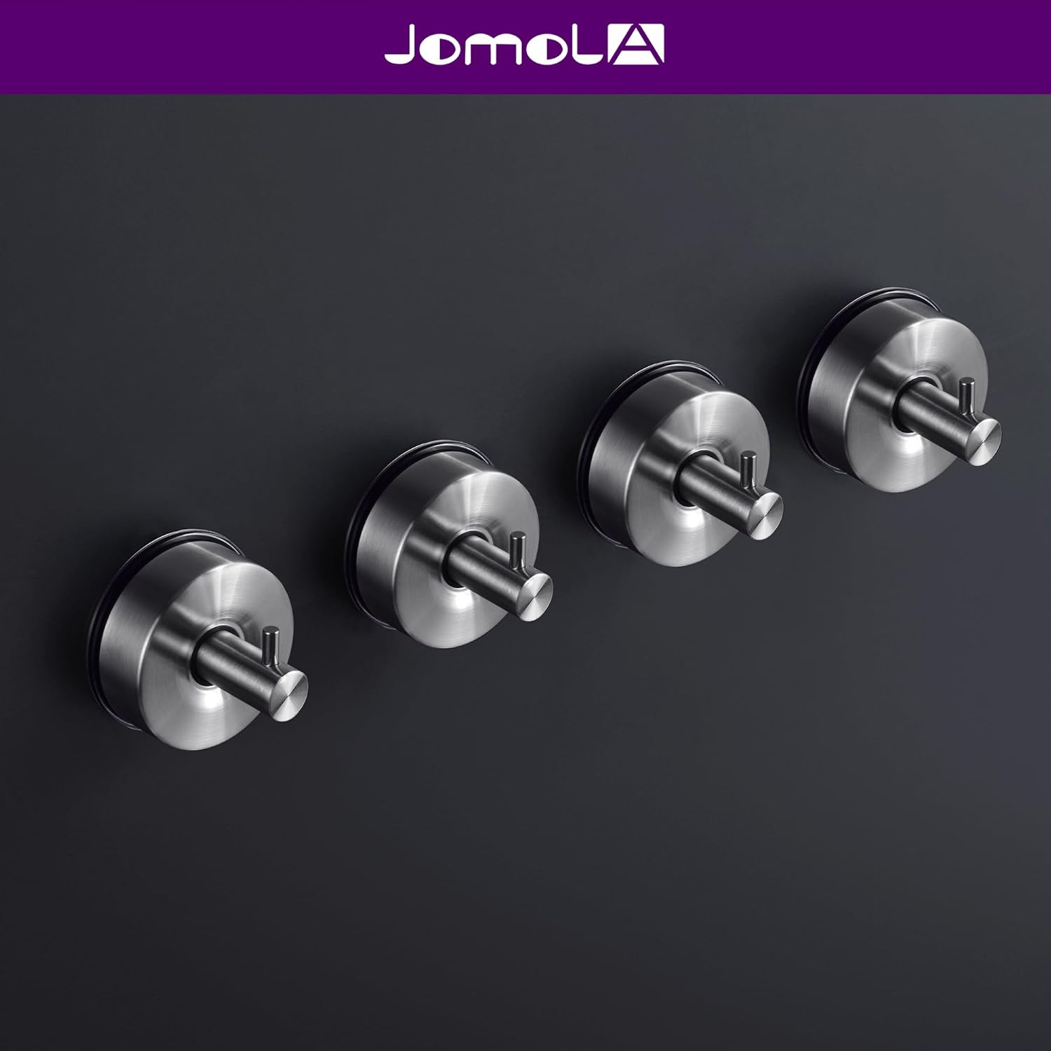 JOMOLA Suction Shower Hooks, No-Drill Bath & Spa Accessory, Brushed Steel Waterproof Wall Mount for Towels, Robes - Rustproof Strong Hold for Caravan, Gym, Home (4-Pack) image number 3