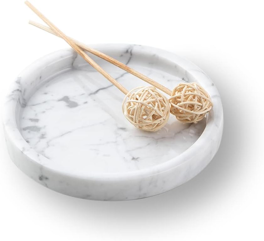 PHINILUX   100% Marble round Vanity Tray 10&lsquo;&rsquo;, Minimalist Modern Decor & Serving Trays for Bathroom, Kitchen, Nightstand, Jewelry Ring Dish Holder, Table Accents Decor, White