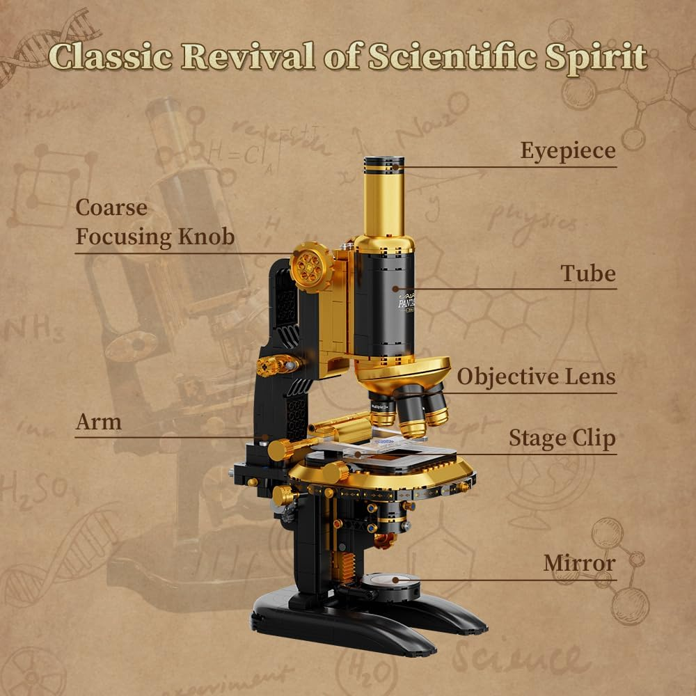PANTASY Retro Microscope Building Kit for Adults, Antique Science Instrument Model with Mechanical Design, Brass Finish & Lab Accessories, Collectible Display Brick Set image number 1