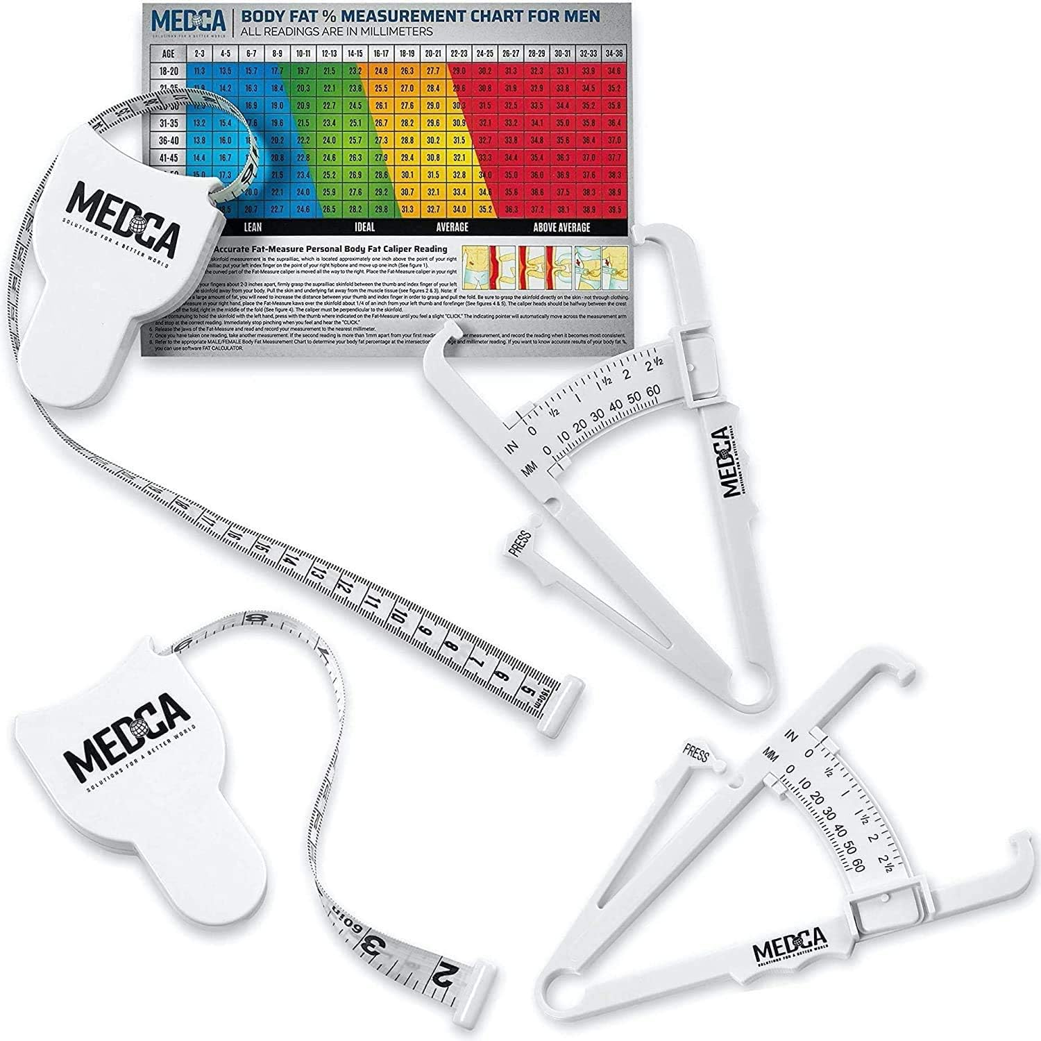 Body Tape Measure and Skinfold Caliper for Body Set - (Pack of 2) - Skin Fold Body Fat Analyzer and BMI Measurement Tool, White by Medca image number 6