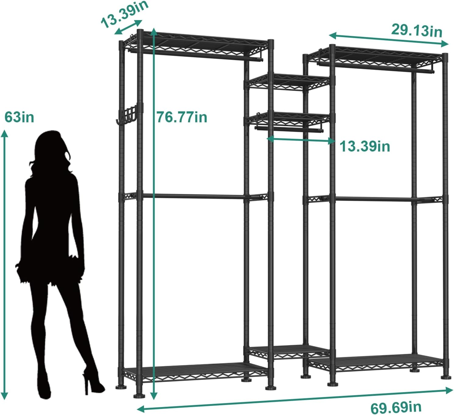 Heavy Duty Clothes Rack, L Shaped Garment Rack for Corner, Metal Freestanding Clothing Rack, Adjustable Wardrobe Closet with 5 Hang Rods & 7 Shelves, 69.7" L X 13.4" W X 76.8" H, Black image number 3