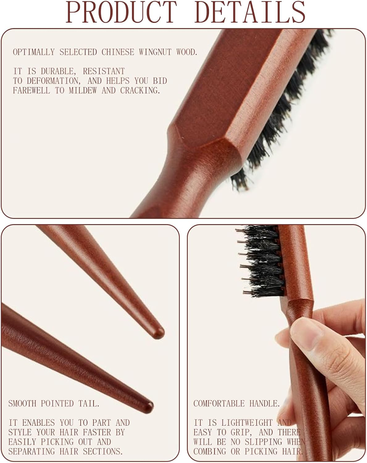 Teasing Hair Brush Boar Bristle, Wooden Hair Brush for Straight, Curly, Thick or Damaged Hair, Perfect for Sleek Buns and Styling, Boar Bristle Brush, Pack of 2 image number 5