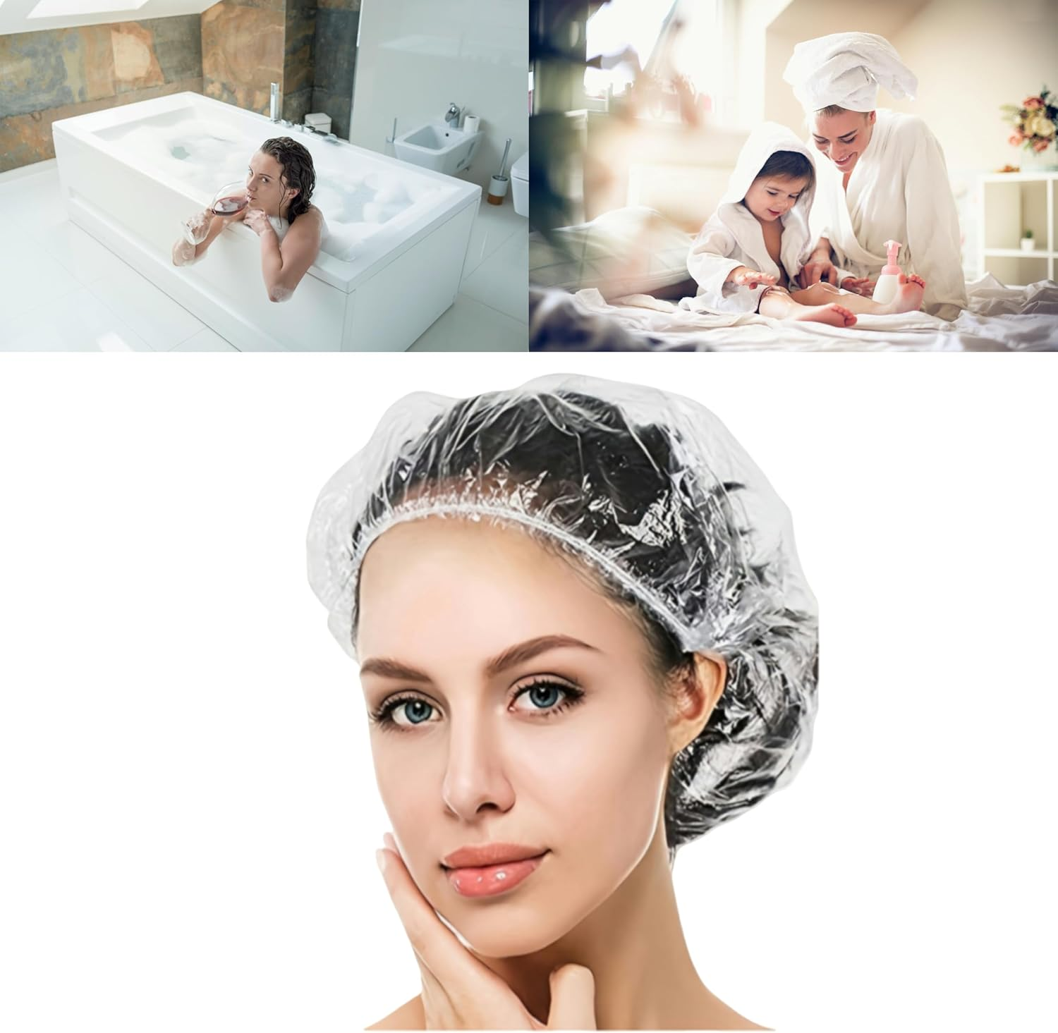 50 PCS Disposable Shower Caps,Large Thick Clear Waterproof Plastic Hair Covers for Women & Kids,Elastic Travel Spa Bath Caps for Hotel, Home, Salon Use (50 White) image number 1