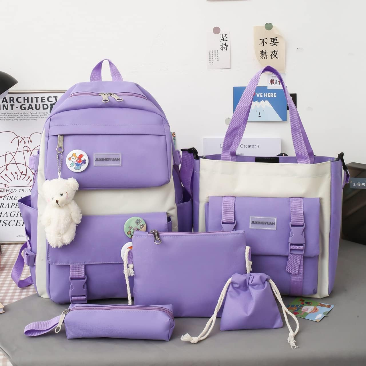 AONUOWE 5Pcs Aesthetic Backpack Set for School Teens Girls Daypack Cute Trendy Large Capacity Preppy Shoulder Bag, Purple, Backpack,Travel,Unique