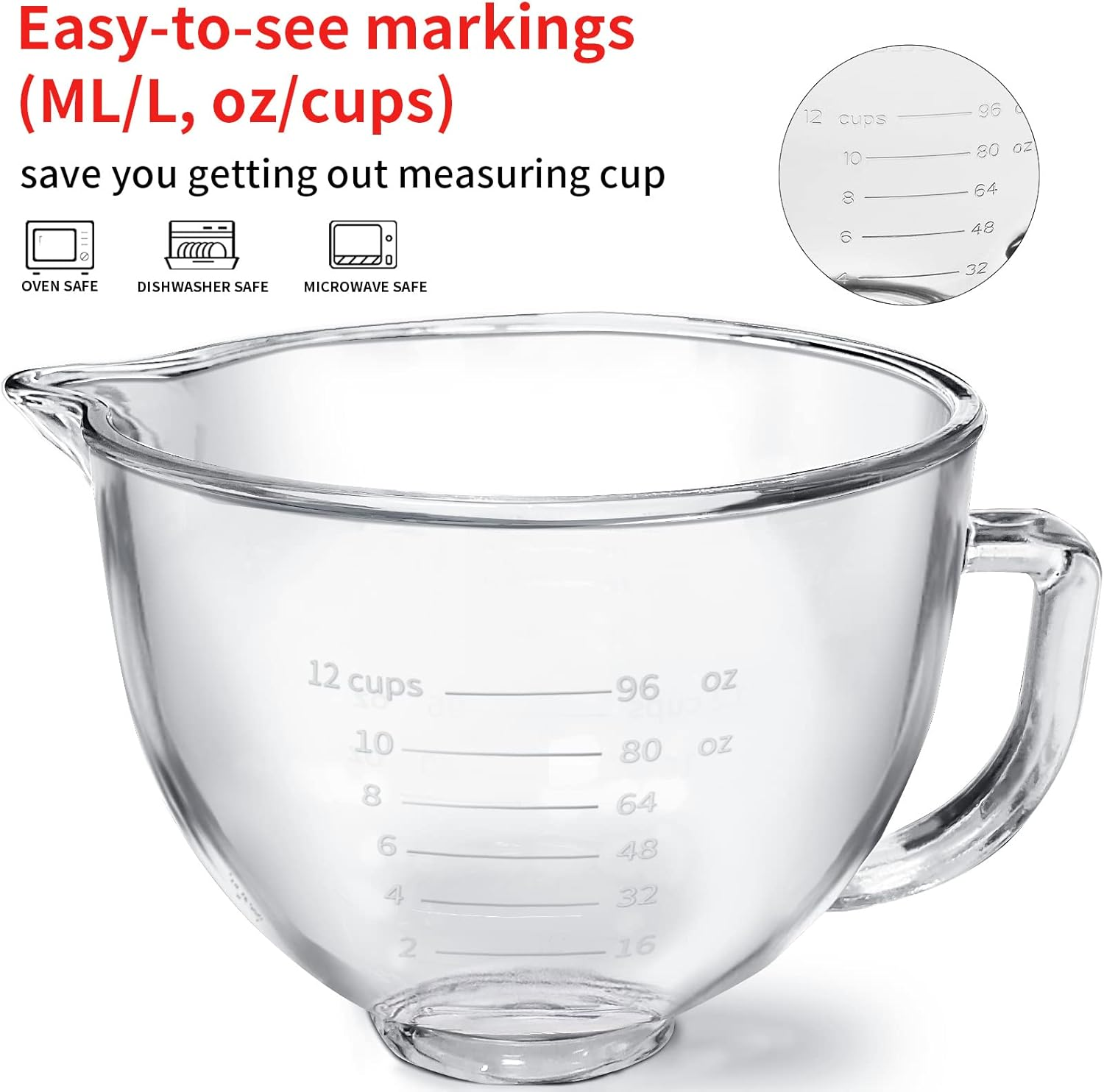 Kltchonald Tilt-Head Stand Mixer Glass Bowl, 5 Qt,Compatible with Kitchenaid Artisan 5KSM125, 5KSM150, 5KSM175, 5KSM7580, KSM150, RRK150,K45, K45SS, KSM75, KSM90, Ksm95,Classic without Lid - Blue image number 6