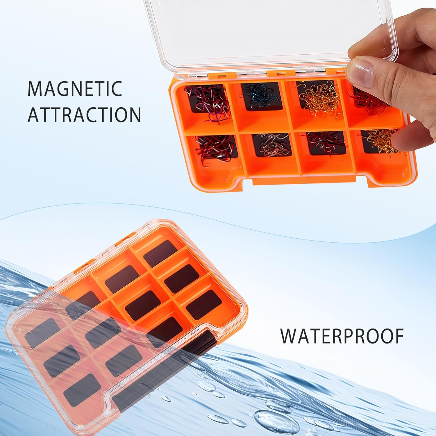 2 Pack Multifunctional Small Magnetic Tackle Box, Waterproof Fly Fishing Box with Clear Cover, 12 Compartments Magnet Fly Box Storage Box for Fishing Accessories (Orange)