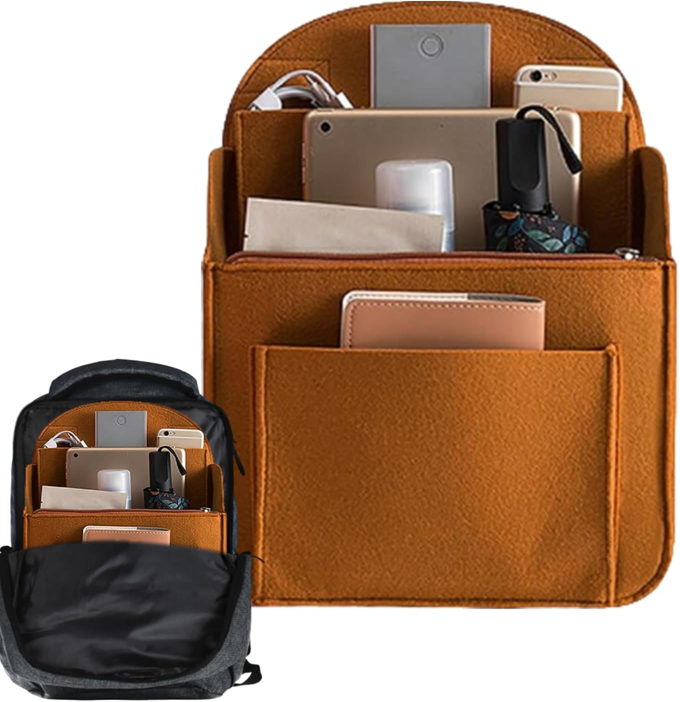 Backpack Organizer Insert - Portable Felt Storage Bag, Tablet Charger Wallet Holder | Effortless Mullti-Pocketless Felt Divider, Lightweight Bag Shaper, Insert