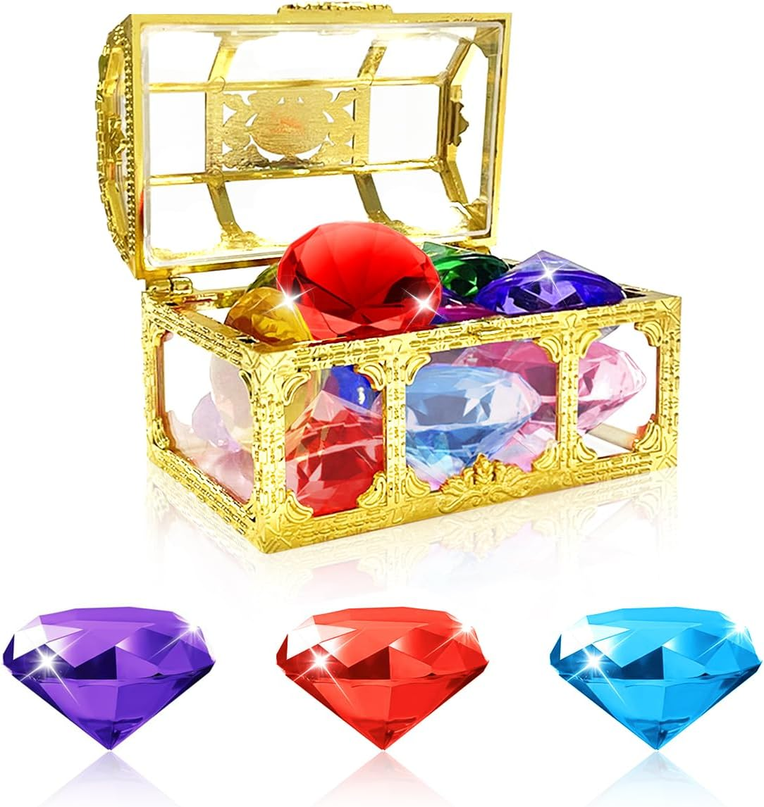 BEZANU Swimming Pool Gem Toys, 12 PCS Colorful Big Diamond Gems Pool Toys with Treasure Pirate Box for Party Favors image number 1