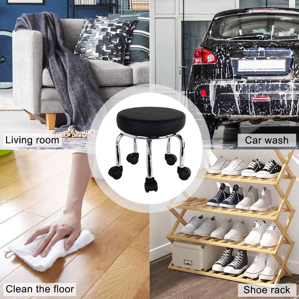 WKWKER Modern Roller Seat PU Leather Low round Rolling Stool 360&deg; Swivel Small Stool with Universal Caster Wheels Foot Stool for Home Office Garage Shop Fitness Sport H：12.4" （Black）