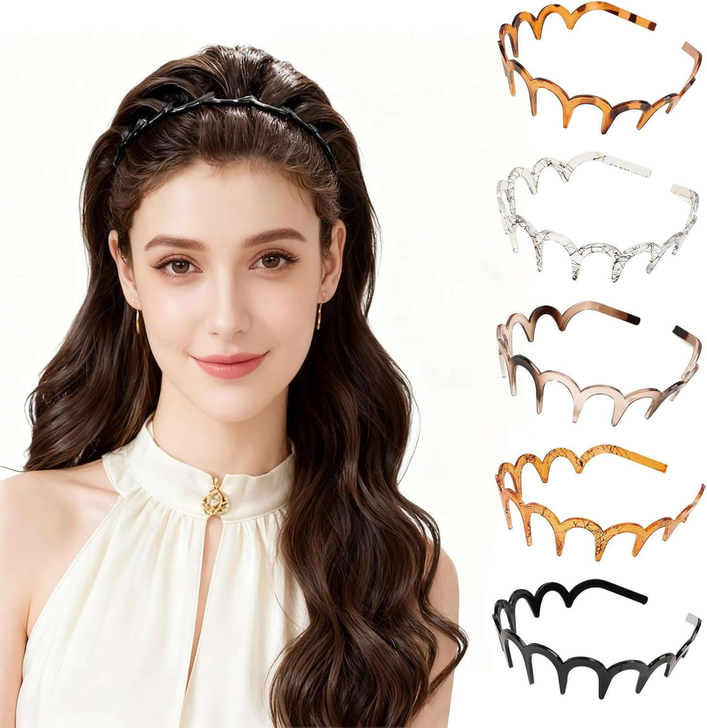 Headband & Hair Band Set, U-Shape High Cranium Head Bands with Wavy Teeth Design, Vintage Style Hairbands for Women - 5 Pieces