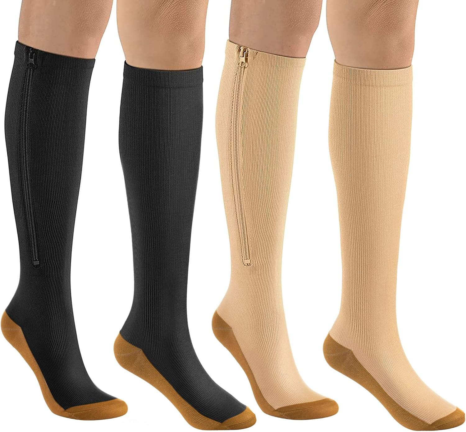 Bropite Zipper Compression Socks Women&Men 2 Pairs Knee High 15-20 Mmhg Closed Toe Compression Socks for Running, Varicose