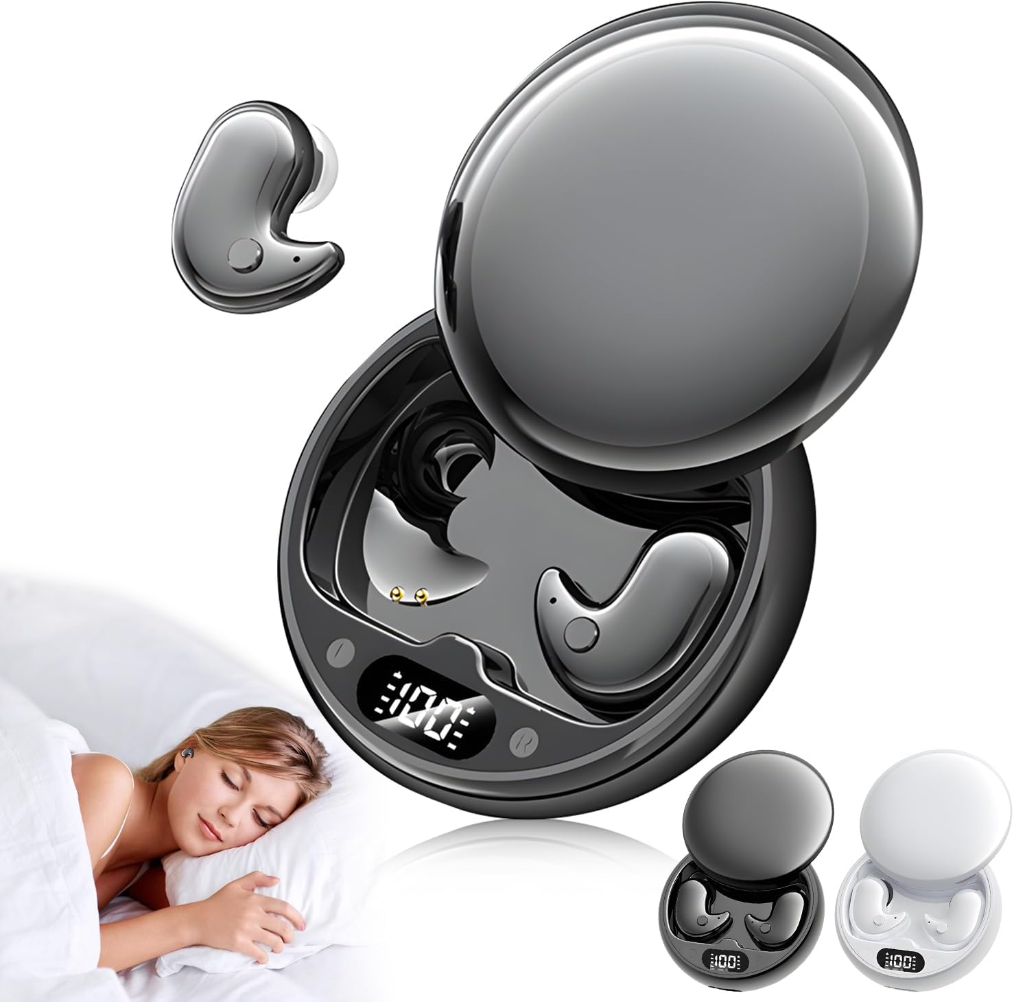 Vision Beam Ear Buds, Invisible Sleep Wireless Earphone, Comfortable Fit LED Power Display for Sleeping, Working, Hiking (White)