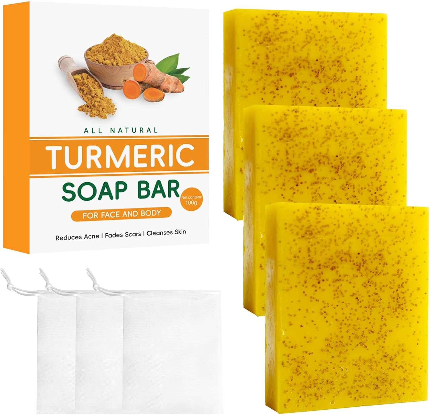 3 Pcs Turmeric Kojic Acid Soap Bar, Lemon & Ginger Handmade Cold Process Cleanser for Face-Body Brightening Moisturizing Skin Tone Care with Vitamin C 3 Foaming Mesh Bags 300G image number 2