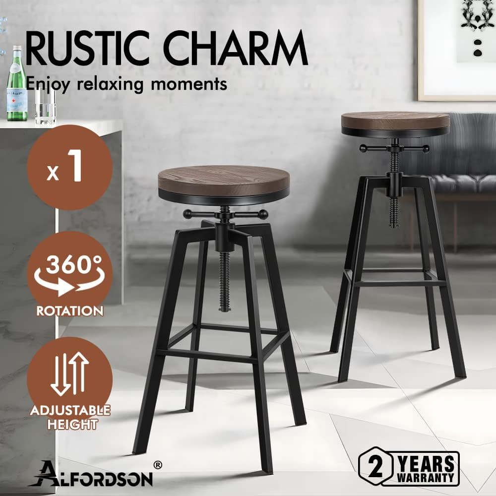 ALFORDSON Bar Stool 1Pc Ezra Retro Kitchen Vintage Chair Industrial Wooden Backless Barstools with Height Adjustable Swivel Seat Counter Dining Chairs with Footrest for Home Bar Dining Room