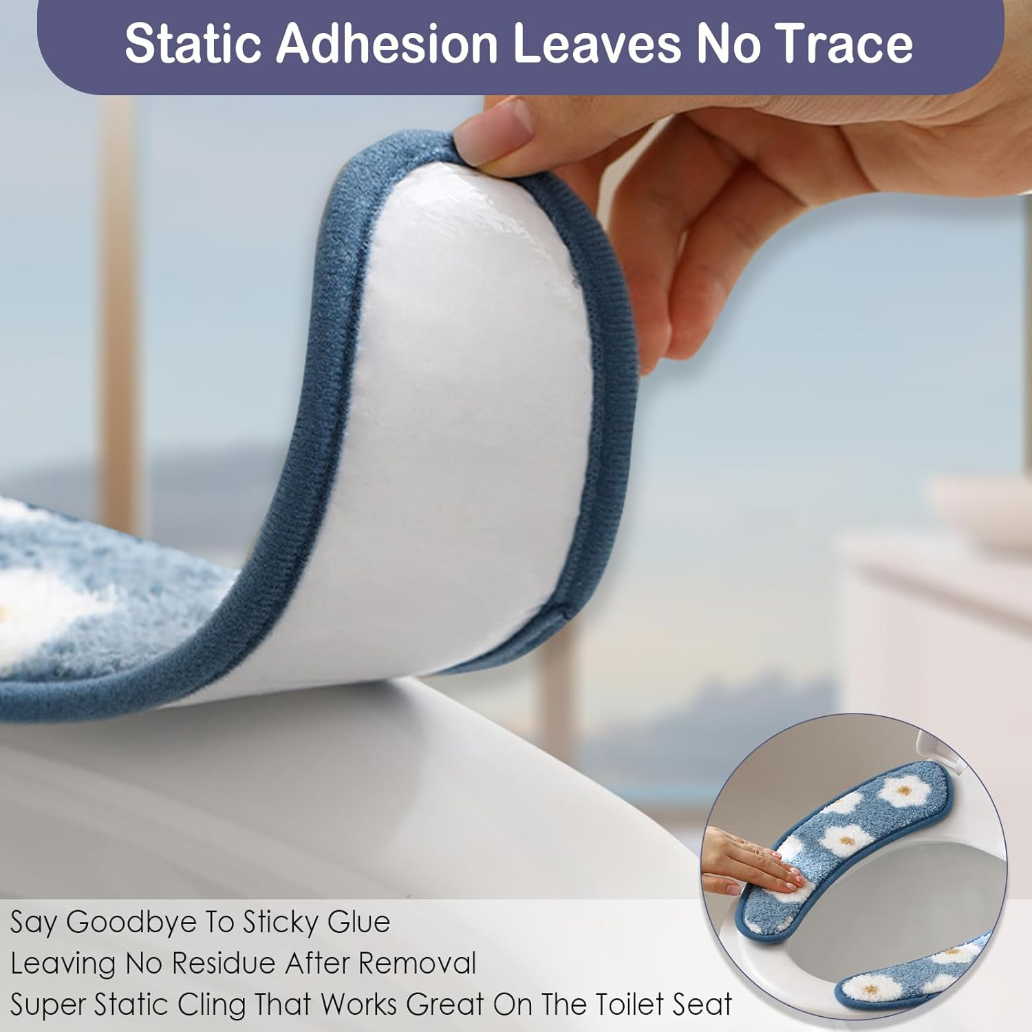 Thick and Warm Toilet Seat Cover &ndash; Washable, Reusable Cushion with TPR Adhesive & Floral Pattern for Comfort & Insulation (Blue) image number 5