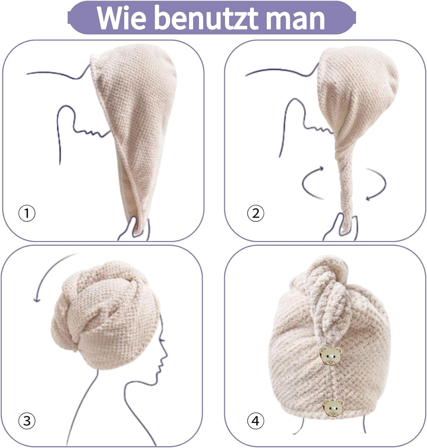 Pruhofan Hair Turban Microfibre Towel Hair Quick-Drying Towel Hair Turban Towel with Button, Microfibre Towel for Hair, Hair Turban Quick Drying for All Hair Types (2 Pieces)