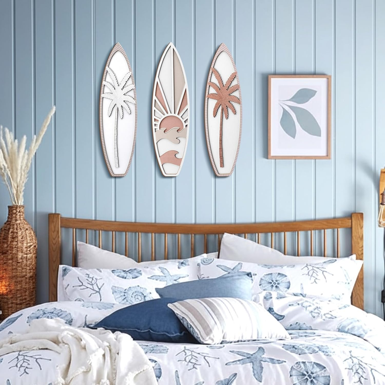 Rattanview 3 Pieces Surfboard Decor for Bedroom Wooden Beach Wall Decor Summer Wood Surfboard Wall Hanging Sign for Tropical Living Room Decoration (Coconut Tree,Boho Color) - As Picture Shown image number 5