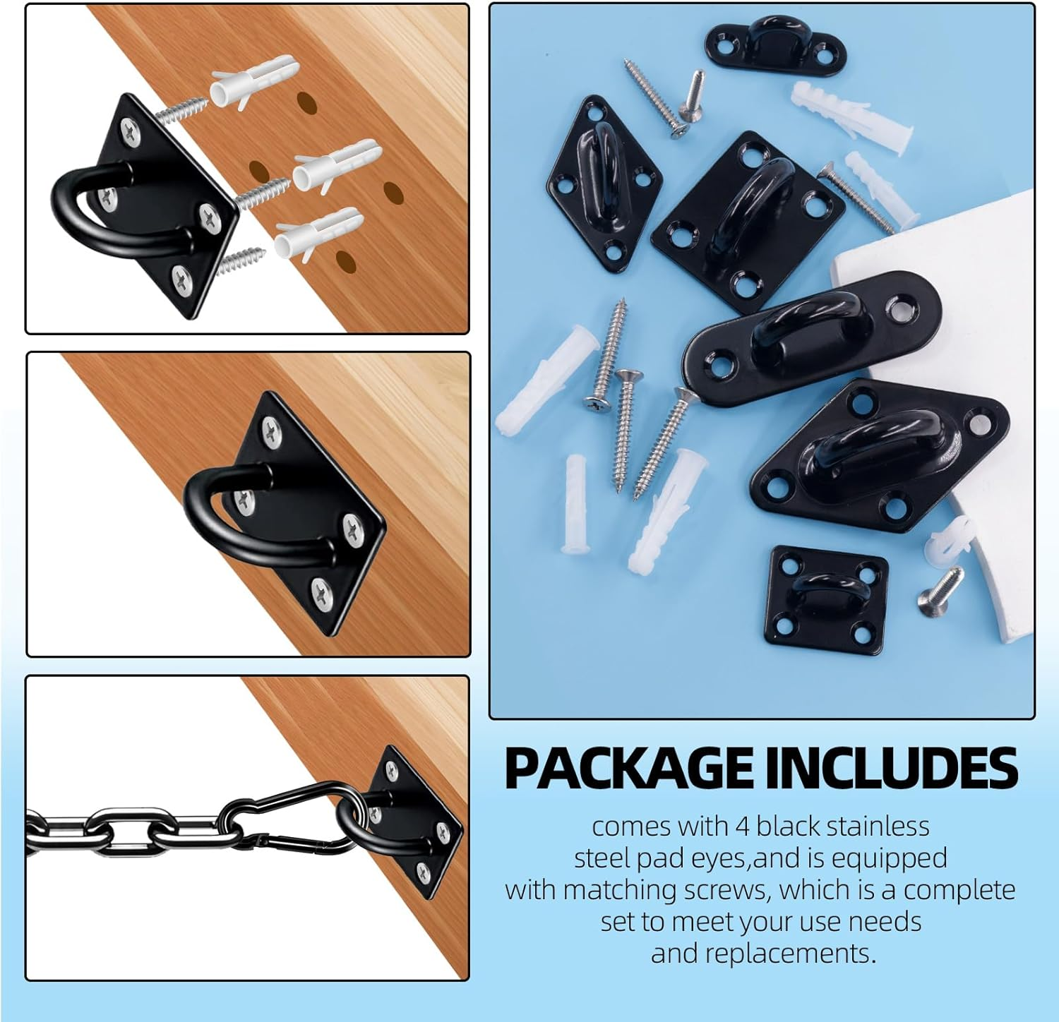 Glarks 36Pcs M8 Stainless Steel Pad Eye Plate Hook Kit, Square Eye Plate U Hooks Heavy Duty Ceiling Hooks and Carabiner Clips Snap Hook for Ceiling and Mounting Hanging Hardware image number 1