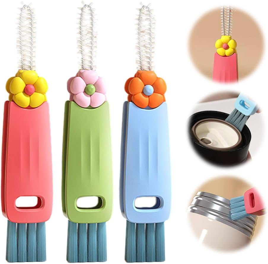 3 in 1 Cup Lid Cleaning Brush, 2024 Upgraded Bottle Cleaning Brush, Crevice Cleaning Brush Set for Baby Bottle, Rotatable Cup Lid Cleaner Mouth Scrubber (A-Red)