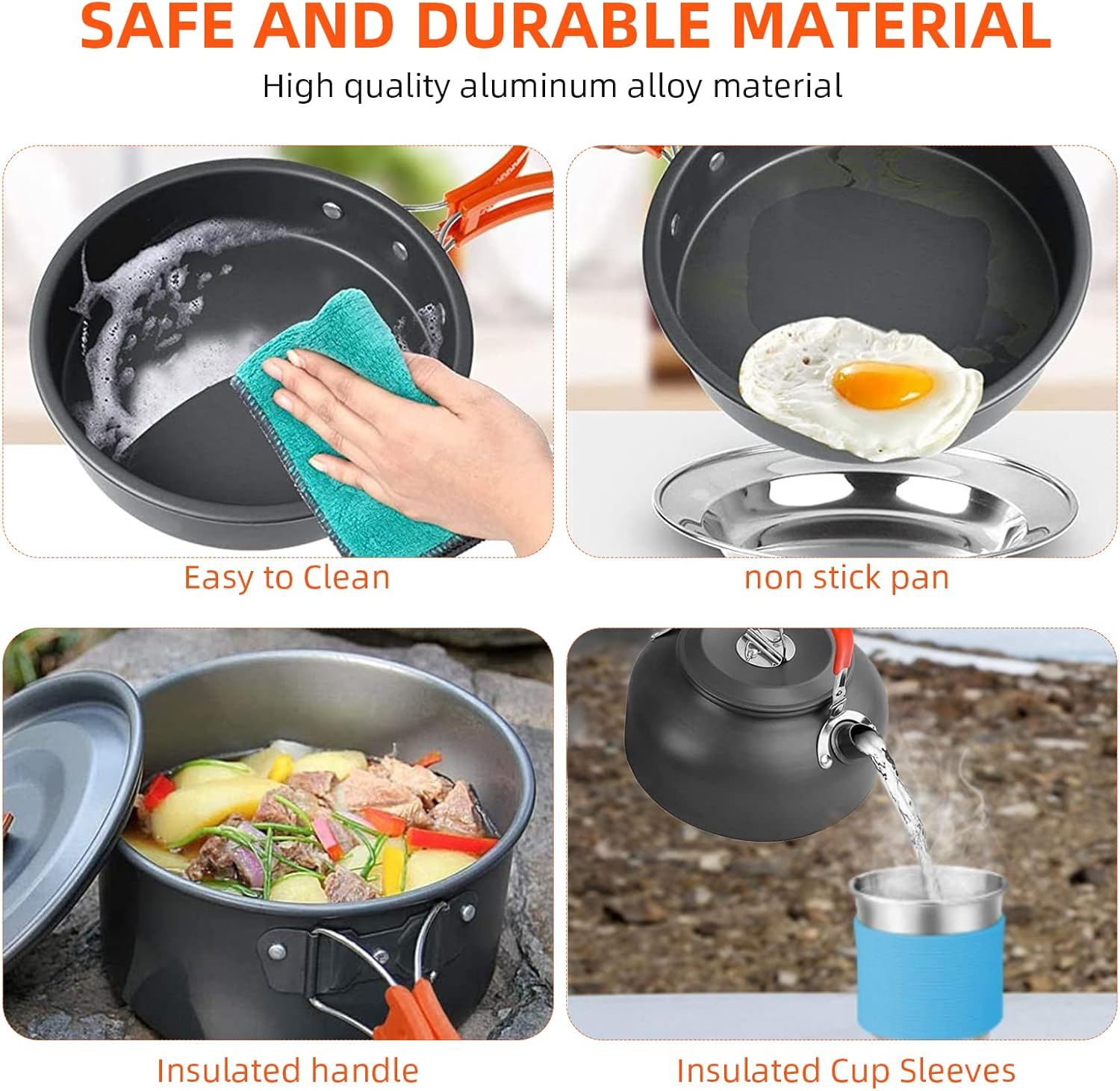 16Pcs Camping Cookware Mess Kit, Aluminum & Stainless Steel, Orange, One Size