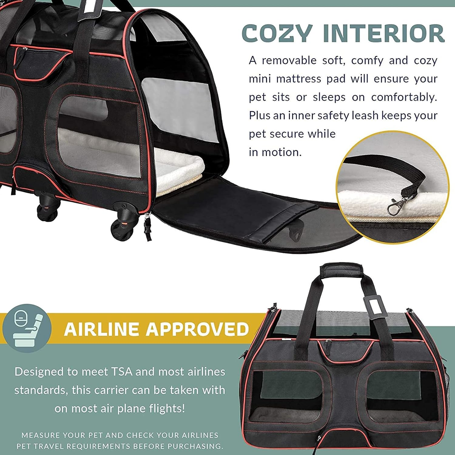 Pet Carrier with Removable Wheels,Small Dog and Cat Carrying Bag with Telescopic Walking Handle, Mesh Ventilation Windows and Safety Leash Hook image number 3