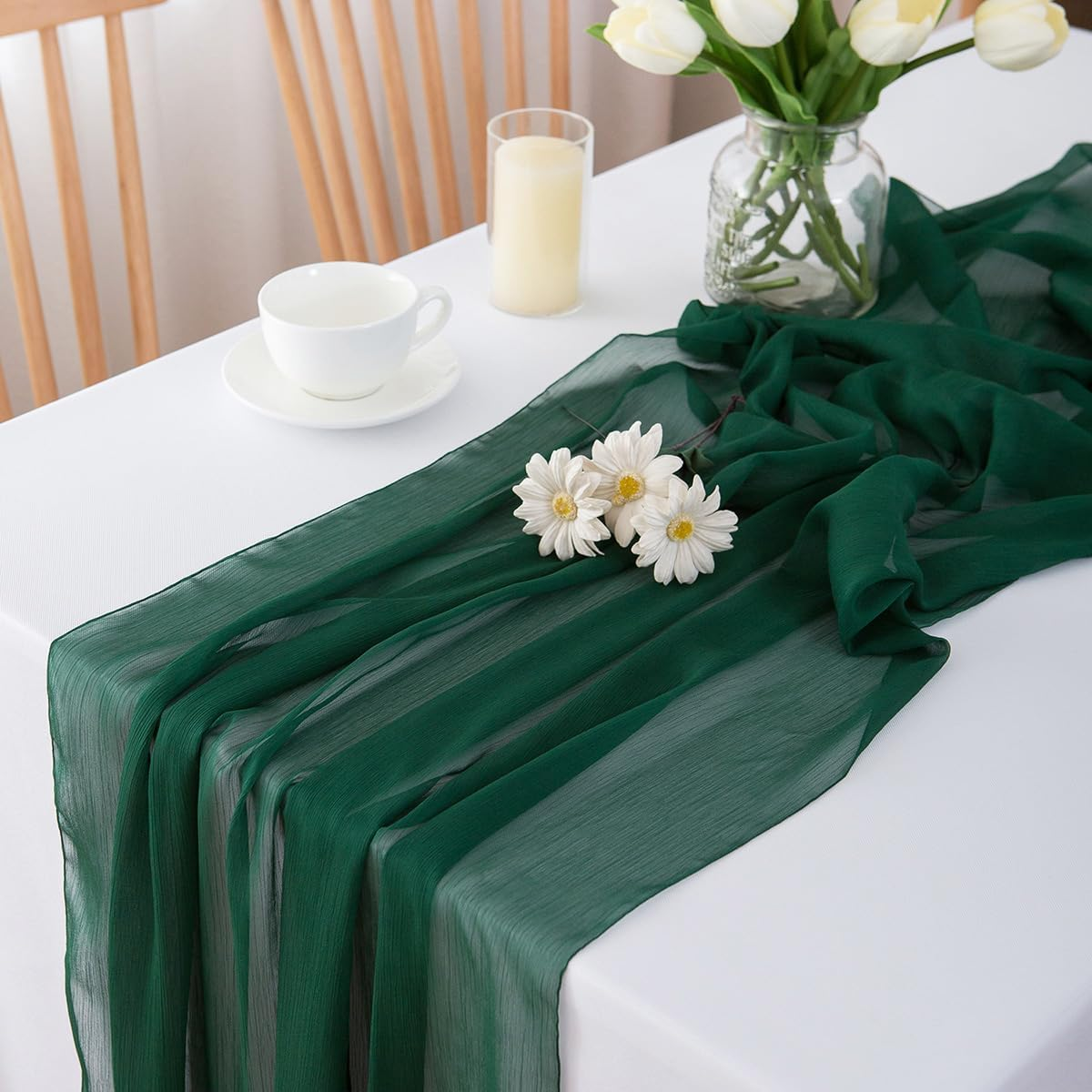 CHUQING Table Runner Dark Green Chiffon Long Table Runners 27X120 Inches Sheer Wedding Runner image number 4