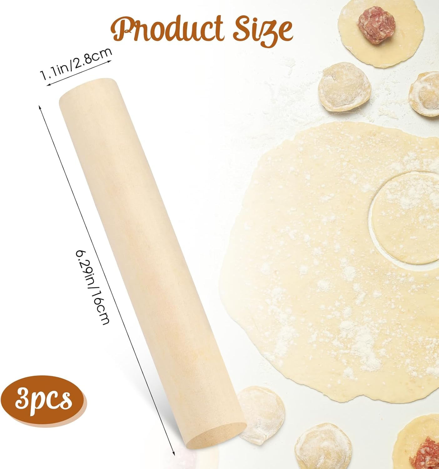 Small Wooden Rolling Pin, 3 Pack Classic Wood French Rolling Pins Mini Dough Roller Kitchen Utensil Tool for Baking Fondant, Pasta, Bread, Crust, Pastry, Cookie, Pizza, Pie, Cylinder Design (6.3 Inch) image number 6