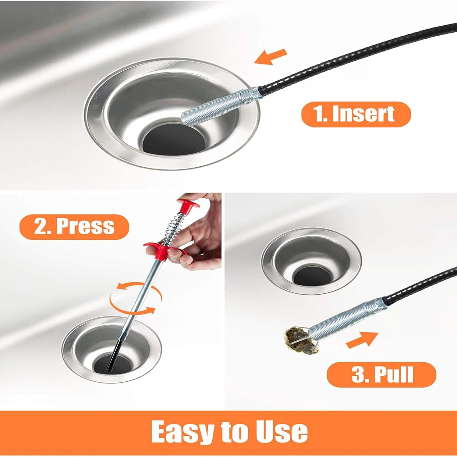 Professional Drain Clog Remover Kit (3+1) - 90CM Stainless Steel Claw & 3X51Cm Plastic Sink Uncloggers | Multi-Surface Hair Clog Tool for Bathroom, Kitchen, Tub & Toilet (Orange)
