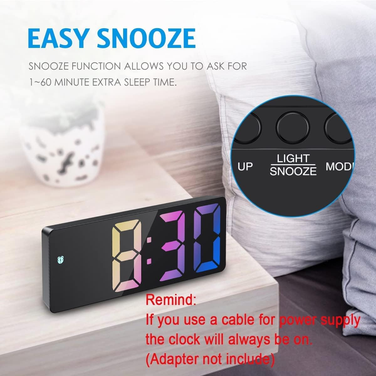 Digital Alarm Clock, LED Clock for Bedroom, Electronic Desktop Clock with Temperature Display, Adjustable Brightness, Voice Control, 12/24H Display for Home, Bedroom, Office image number 6