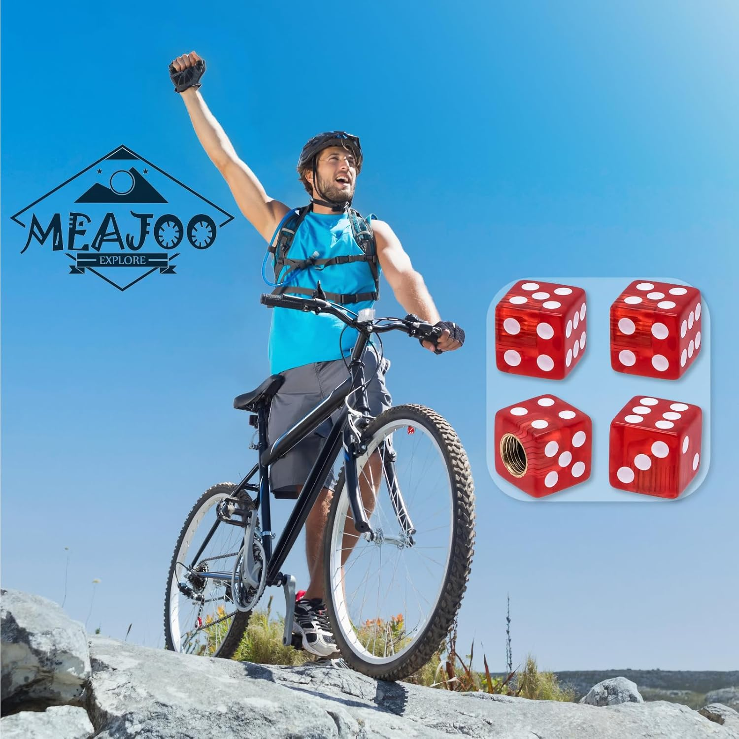 MEAJOO 4PCS Dice Shape Tire Valve Stem Caps, Universal Copper Core Dustproof Tire Valve Stem Covers for Cars, SUV, Trucks, Bikes, Motorcycles, Bicycles(Red) image number 3