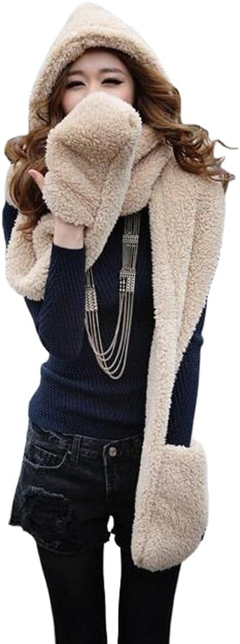 Tonwhar Womens Cute Winter Thick Warm Long Hooded Scarf with Mittens - Bear-Khaki image number 5