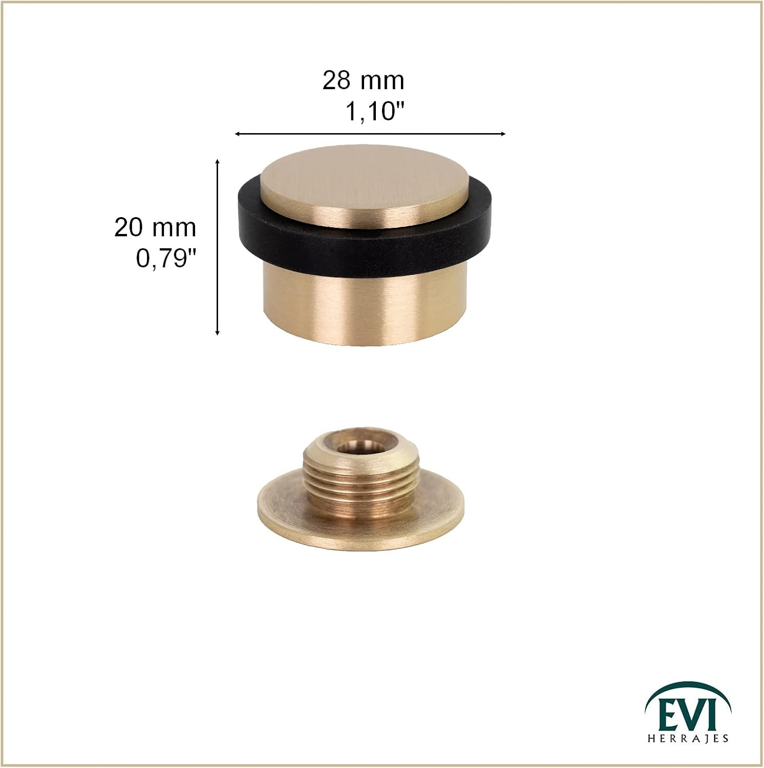EVI | Adhesive Doorstop | Threaded Base | 0.8'' X 1.1'' | Natural Silicone | Brass Finished | Simple Fixation | 100% Functional | Mod. I-103/28 (Brass Mate - Black Rubber) - White image number 6