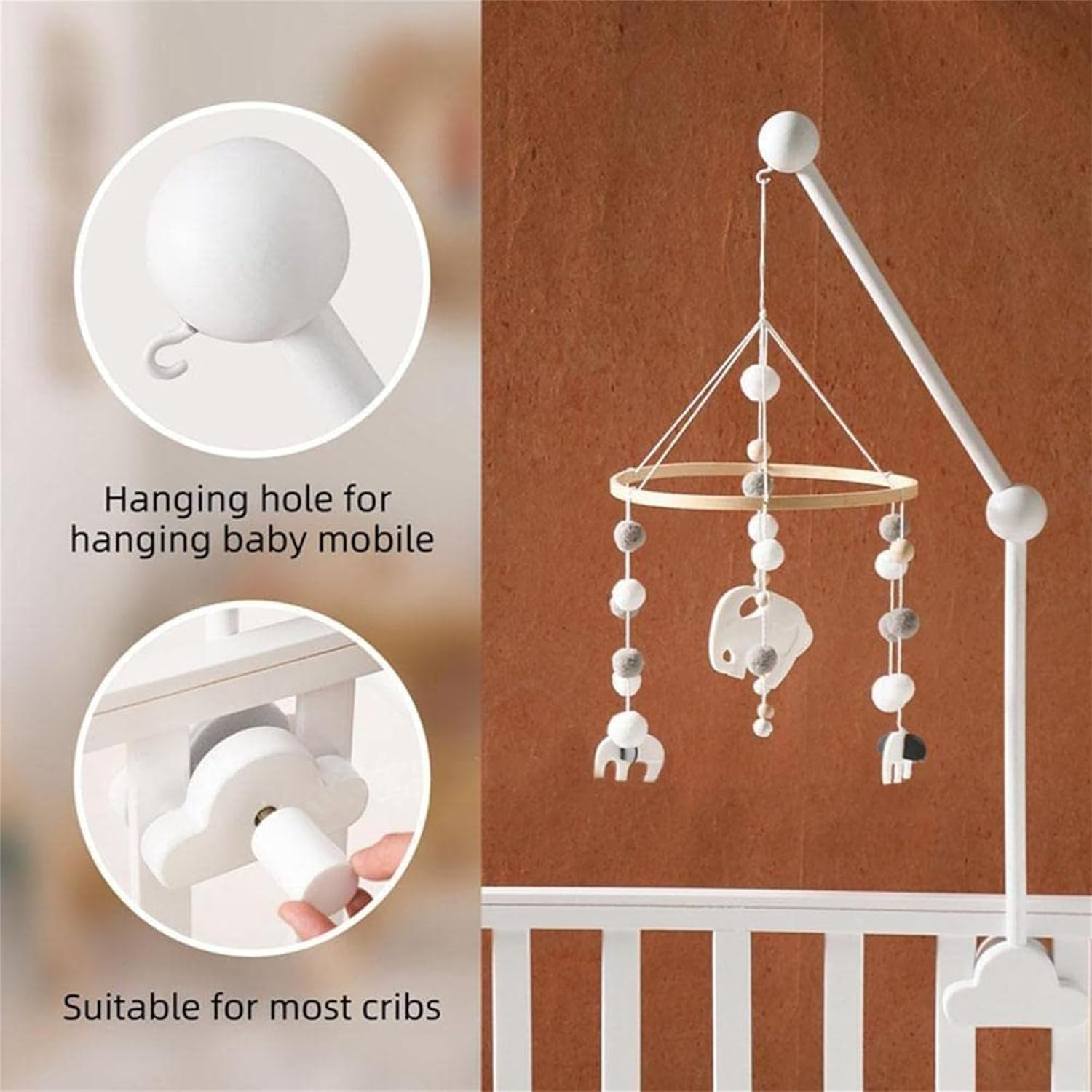 Baby Crib Mobile Arm,27Inch Wooden Cot Crib Mobile Holder,Adjustable Angle and Height,Baby Mobile Hanger for Home Baby Bed Bell Wind Chimes Cloud Design (White) - Wood Color image number 3