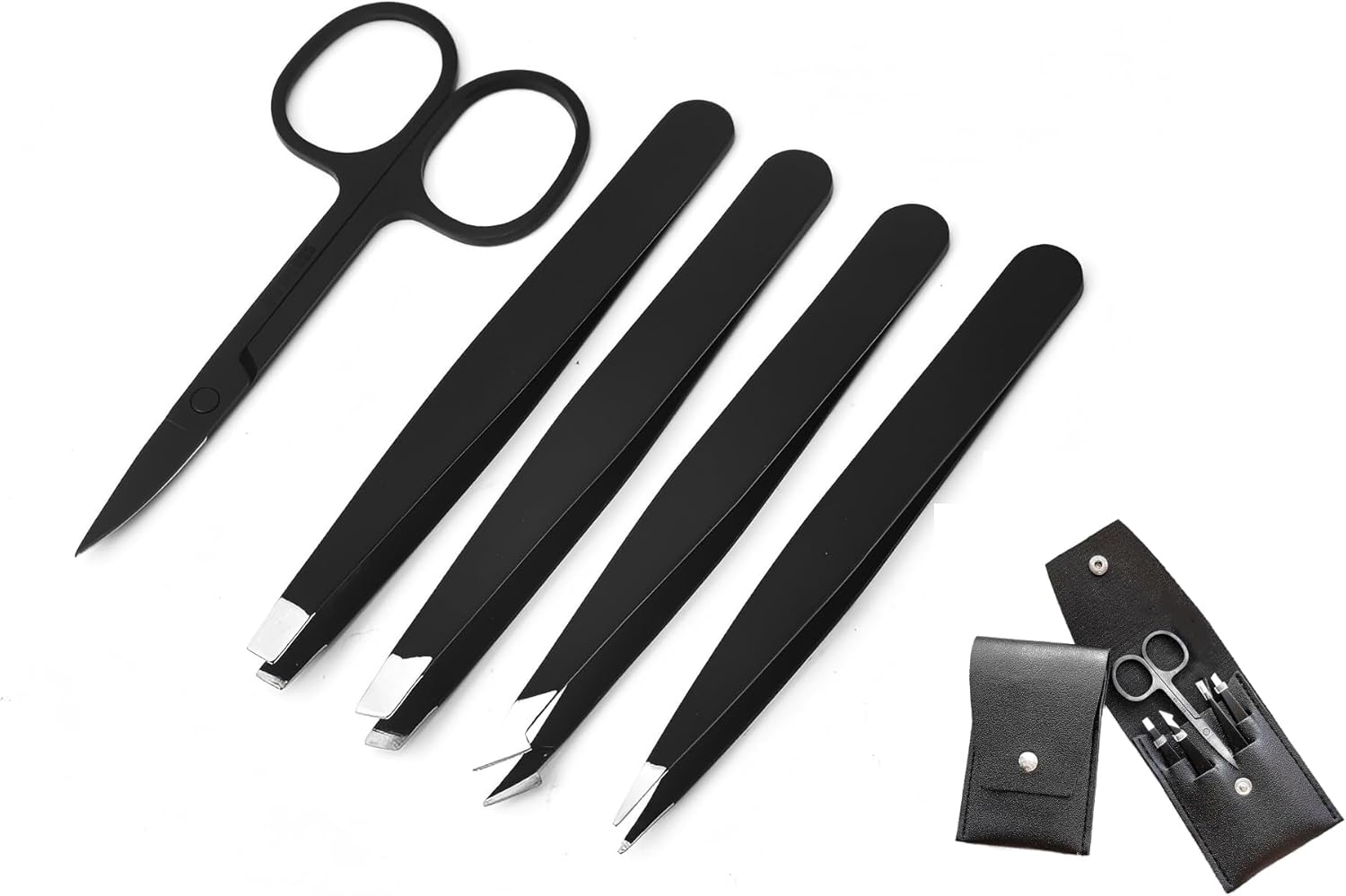 HIGHROCK 5Pcs Eyebrow Tweezers Set, Stainless Steel Slant and Pointed Tips, Small Scissors， Precision Hair Removal Tools