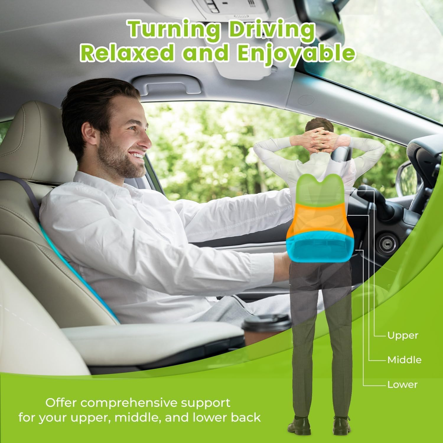 Lumbar Back Support Pillow for Long Driving, Universal Fit Memory Foam Cushion with Anti-Slip Straps, Removable Washable Cover, Perfect for Car Office Truck Seats (20.9") image number 3