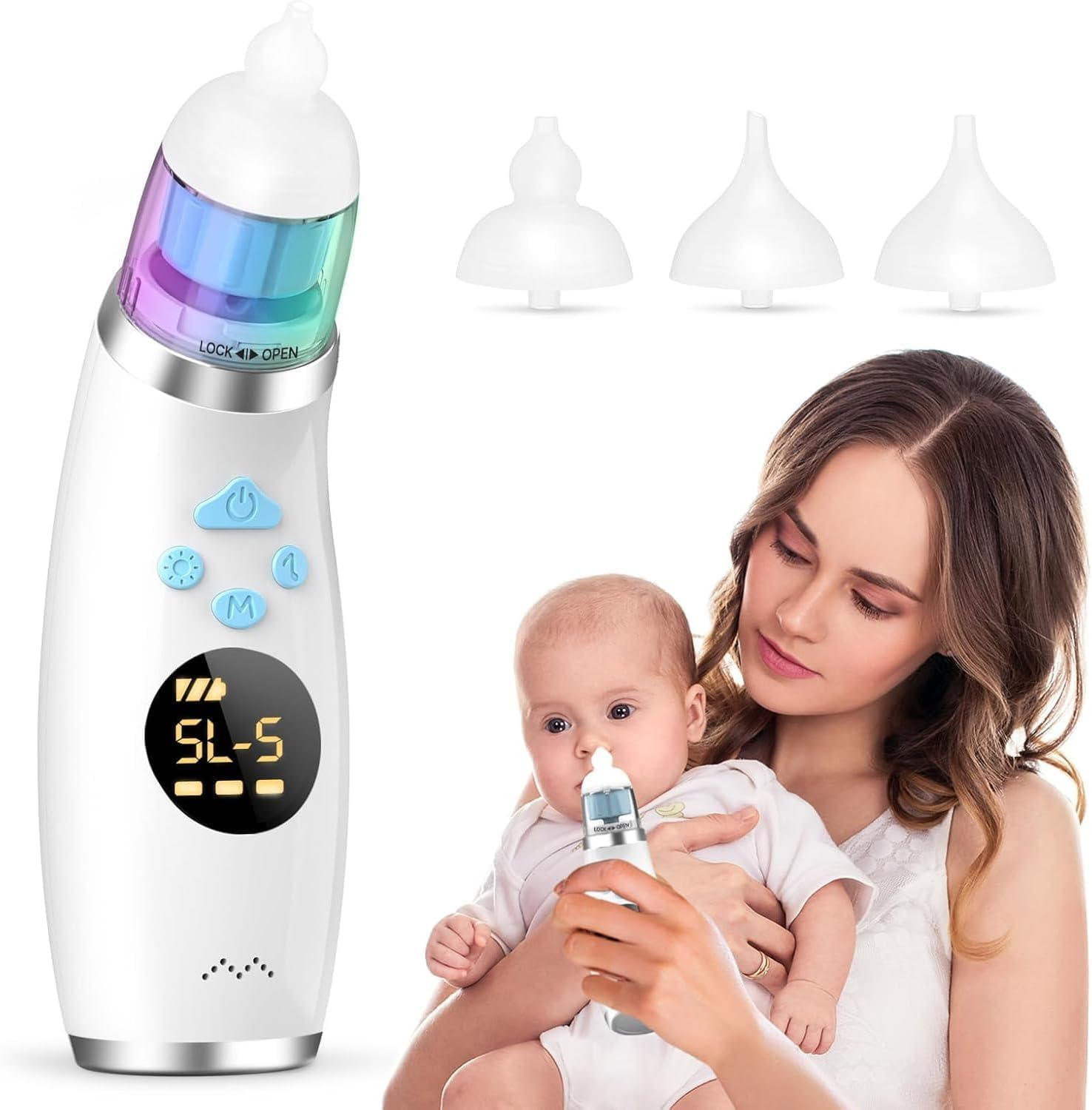 Nasal Aspirator for Baby, Electric Baby Nose Sucker with 5 Levels Suction, Automatic Nose Cleaner with 3 Silicone Tips, Nose Aspirator with Music Soothing Function & Light image number 3