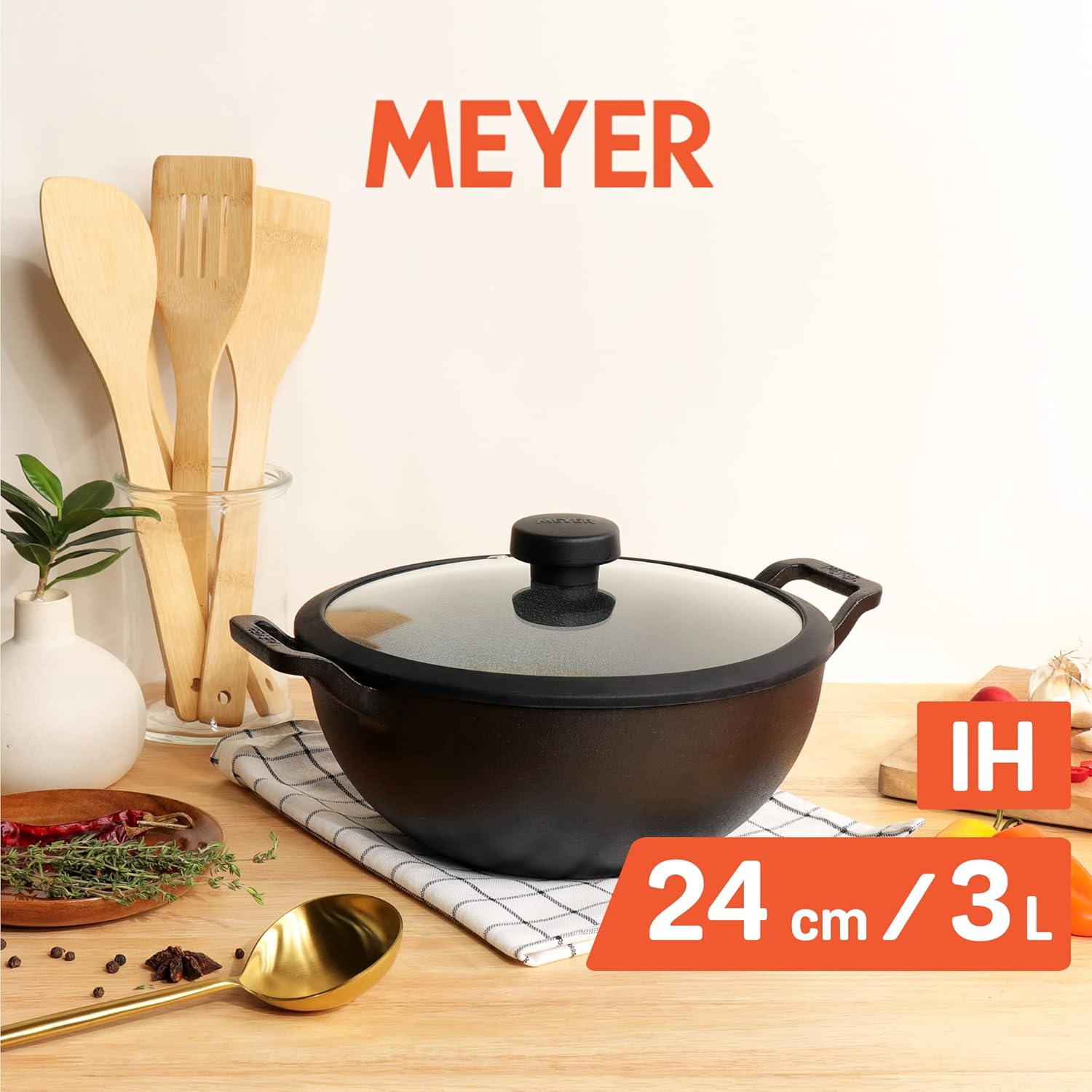 Meyer Pre-Seasoned Cast Iron Wok 24Cm with Tempered Glass Lid, Kadai, Induction Compatible Cast Iron Pan, Oven Safe, Black