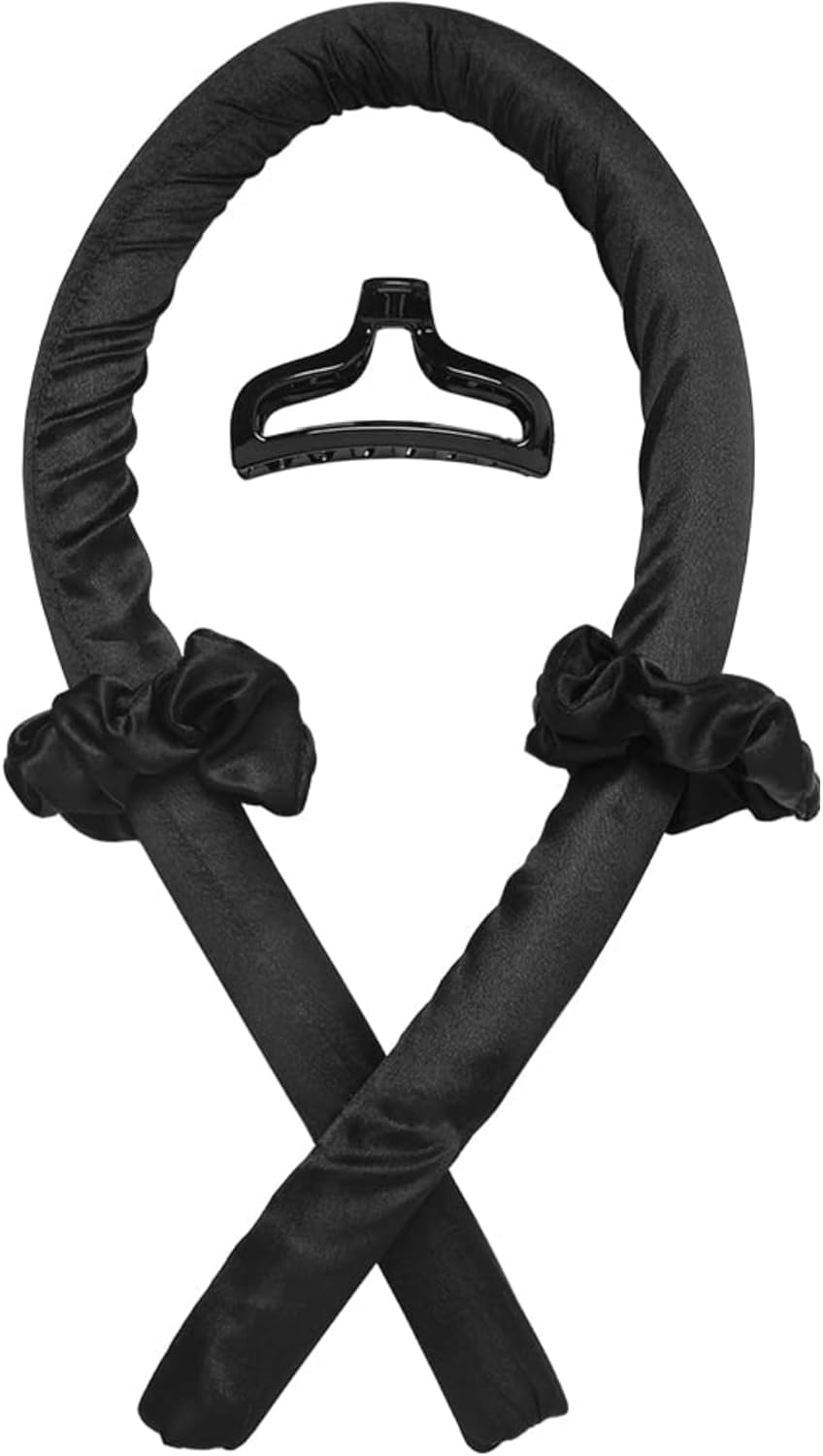 Soft Satin Heatless Hair Curler Set | 1 Curling Rod with 2 Silk Scrunchies & 1 Hair Claw Clip for Effortless Overnight Curls, Heat-Free Styling Tool for All Hair Types (Black, One Size) image number 2