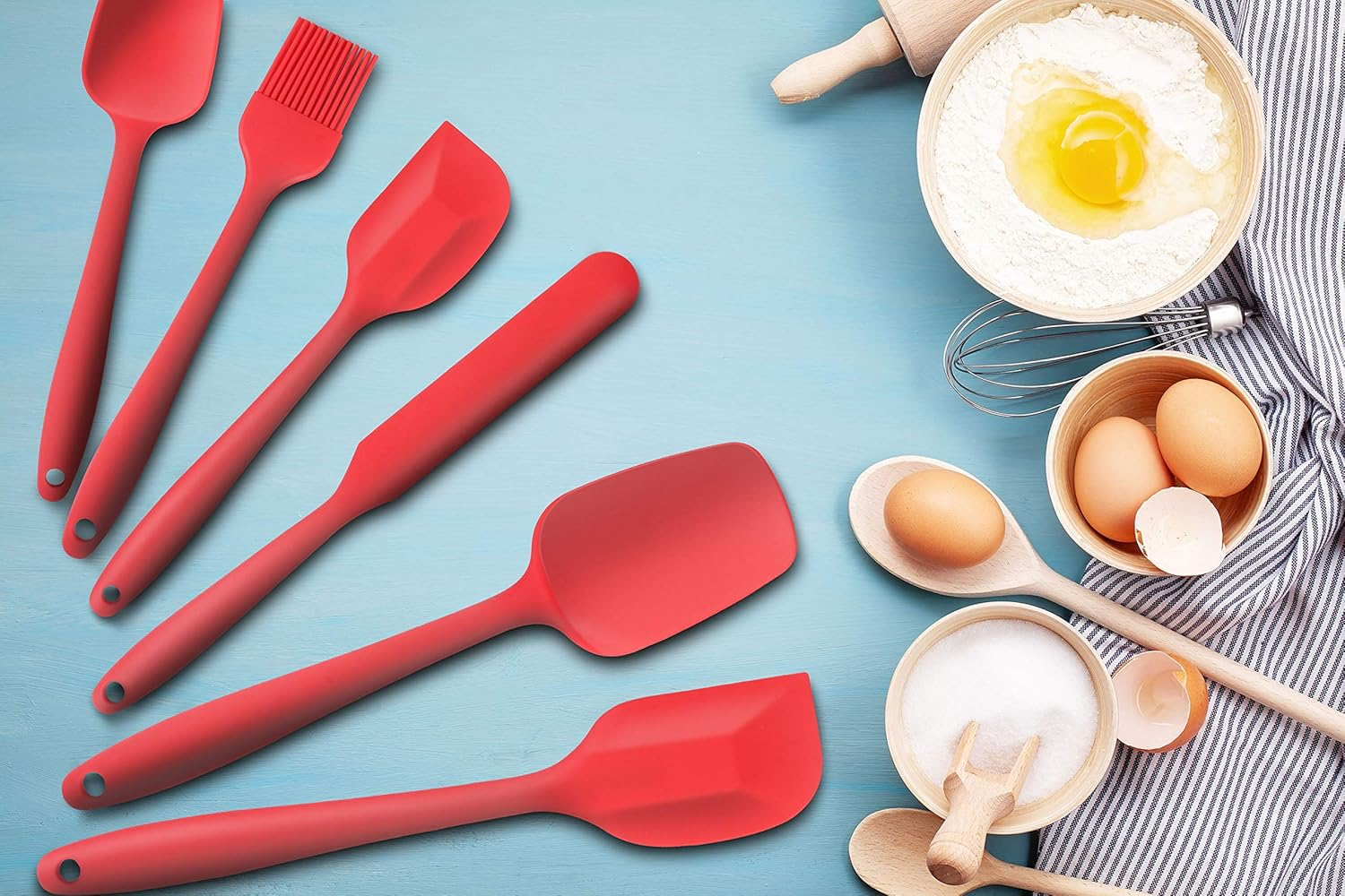 Heat Resistant Silicone Spatulas, Bakeware Set of 6 Non-Stick Ergonomic Cooking Baking Mixing Rubber Spatula Kitchen Utensils, Red image number 6