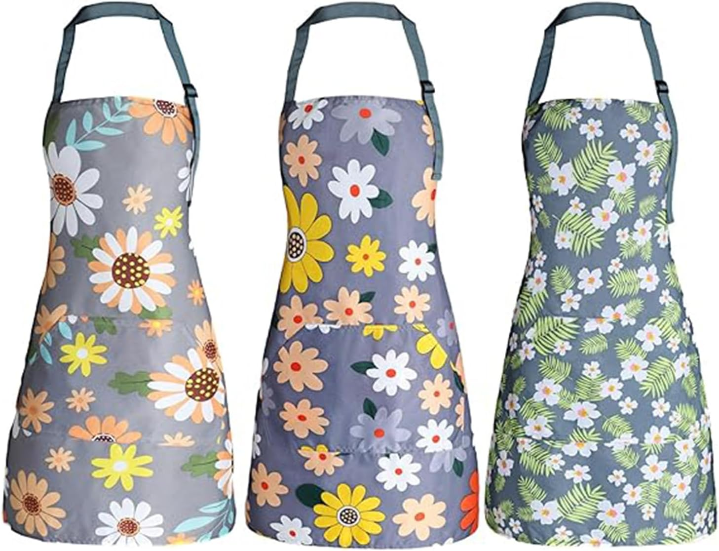 3 Pack Floral Aprons with Pocket, Blooming Womens Aprons Waterproof Adjustable Cooking Aprons for Kitchen Gardening and Salon image number 2